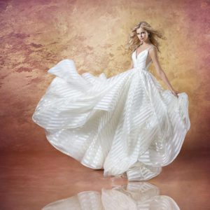 Hayley Paige Decklyn 6661 Wedding Dress Sample Sale - Ivory striped organza Ballgown, draped ballerina bodice with curved V-neckline and low v-back.