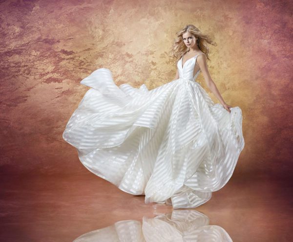 Hayley Paige Decklyn 6661 Wedding Dress Sample Sale - Ivory striped organza Ballgown, draped ballerina bodice with curved V-neckline and low v-back.