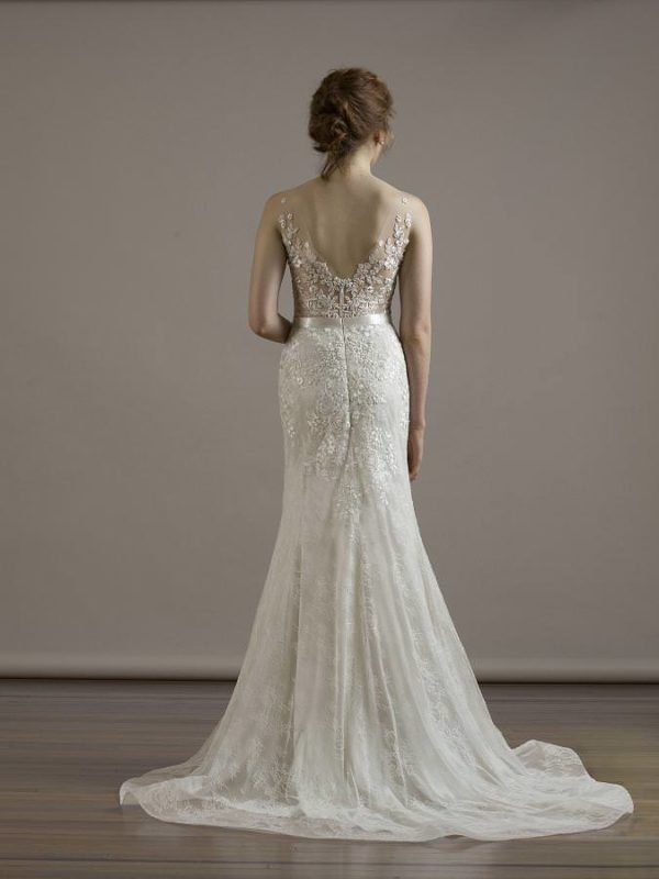 Liancarlo 6815 Wedding Dress Sample Sale - A Line Italian Bouquet style dress with embroidery on Chantilly waisted and illusion bateau neckline.