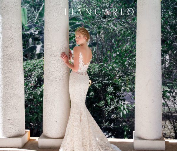 Liancarlo 6821 Wedding Dress Sample Sale - Mermaid style dress with illusion neckline, lace details and low v-back with straps and train.