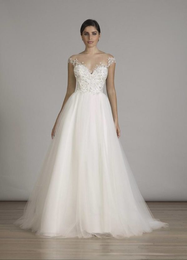 Liancarlo 6839 Wedding Dress Sample Sale - Bouquet style dress with sweetheart neckline, embroidery illusion cap-sleeve bodice on illusion tulle ball gown.