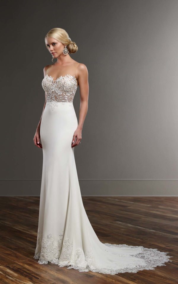 Martina Liana 775 Wedding Dress Sample Sale - Sheath dress with sweetheart neckline, lace illusion bodice and Crepe skirt with detail at the bottom.