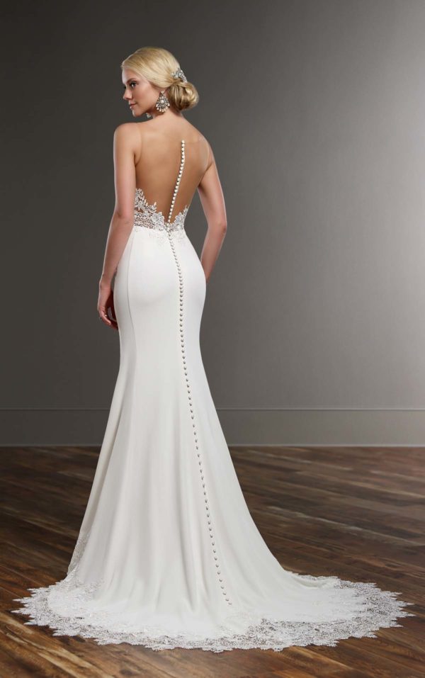 Martina Liana 775 Wedding Dress Sample Sale - Sheath dress with sweetheart neckline, lace illusion bodice and Crepe skirt with detail at the bottom.