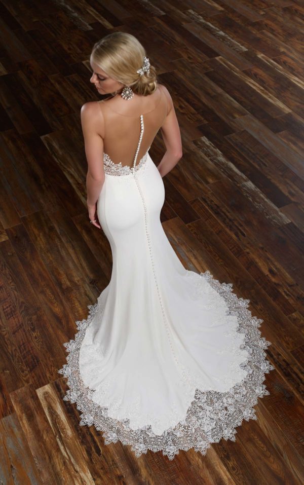 Martina Liana 775 Wedding Dress Sample Sale - Sheath dress with sweetheart neckline, lace illusion bodice and Crepe skirt with detail at the bottom.