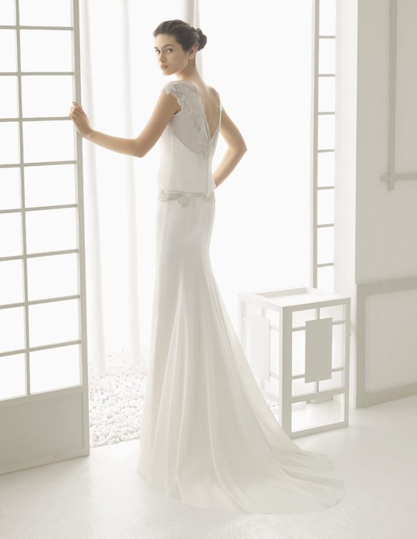 Rosa Clara Couture Diseno Wedding Dress Sample Sale - A Line cap sleeve dress with a low back and beaded georgette embroidery details on shoulder, back neckline and waist.