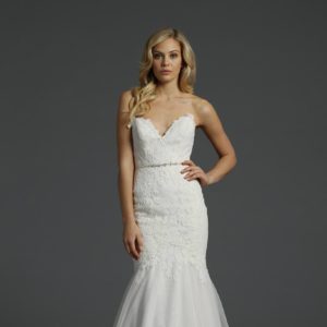 Alvina Valenta 9451 Wedding Dress Sample Sale - Fit and flare sweetheart neckline, English net over rum pink charmeuse, French lace placed throughout.