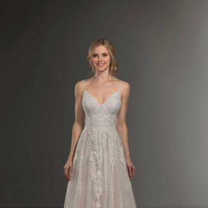 Martina Liana 974 Wedding Dress Sample Sale - A gorgeous A-line dress with boho French beaded lace and delicate thin straps and low back.