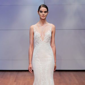 Alyne Everly Wedding Dress Sample Sale - Fit and flare style dress with gorgeous Illusion strap V-neck and lace applique details.