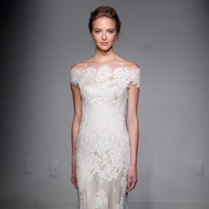 Anna Meier Gabrielle Wedding Dress Sample Sale - Sheath with an off the shoulder feature to accentuate bone structure and a full train.
