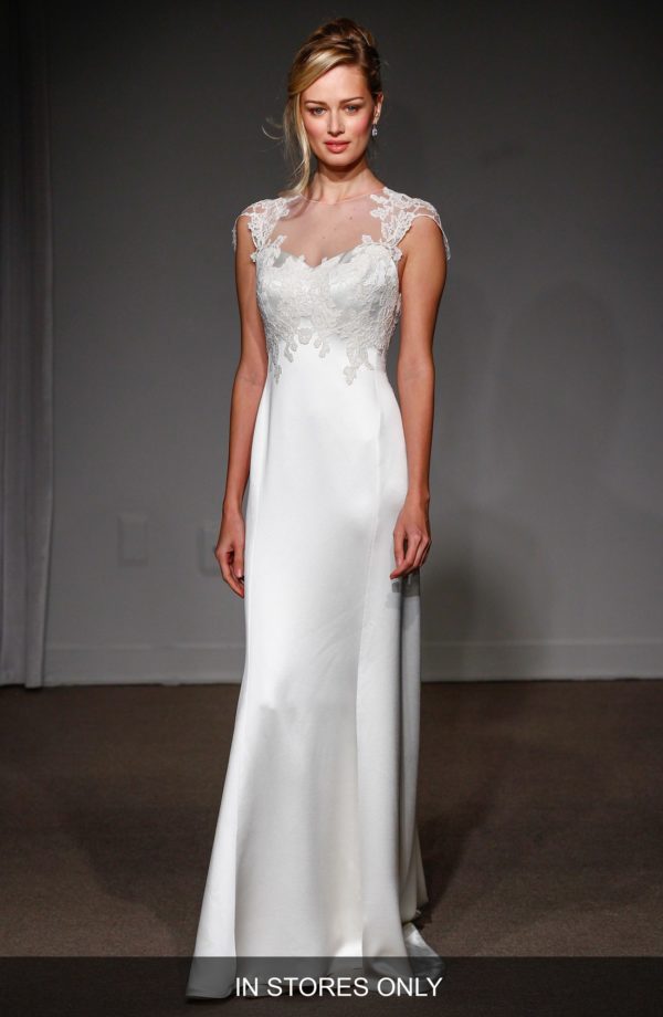 Anna Maier Grace Wedding Dress Sample Sale - A Line satin style dress in beautiful lightweight construction with sweetheart neckline and cap sleeves.