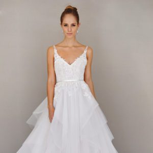Alvina Valenta 9605 Wedding Dress Sample Sale - Ballgown style dress with a stunning sheer “V” neckline, low ballerina scoop back and satin ribbon.