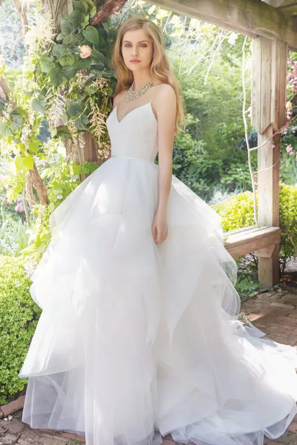 Alvina Valenta 9659 Wedding Dress Sample Sale - Ball gown style dress with gorgeous asymmetrical layers, lace V-neck bodice with spaghetti straps.