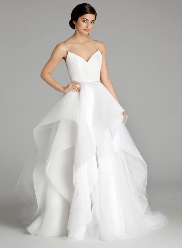 Alvina Valenta 9659 Wedding Dress Sample Sale - Ball gown style dress with gorgeous asymmetrical layers, lace V-neck bodice with spaghetti straps.