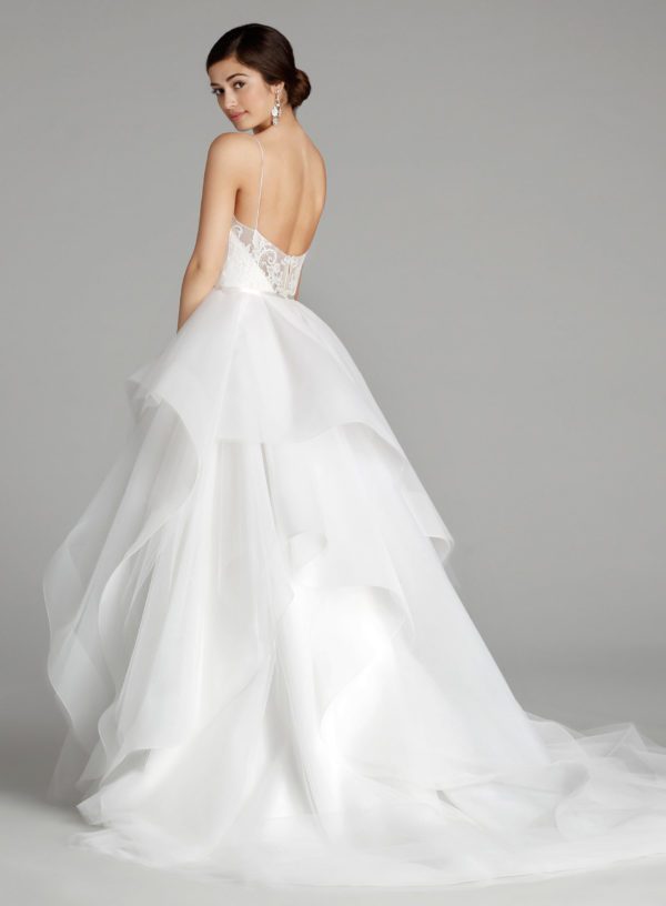 Alvina Valenta 9659 Wedding Dress Sample Sale - Ball gown style dress with gorgeous asymmetrical layers, lace V-neck bodice with spaghetti straps.