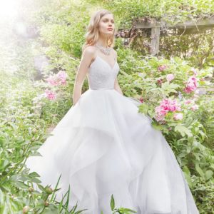 Alvina Valenta 9659 Wedding Dress Sample Sale - Ball gown style dress with gorgeous asymmetrical layers, lace V-neck bodice with spaghetti straps.