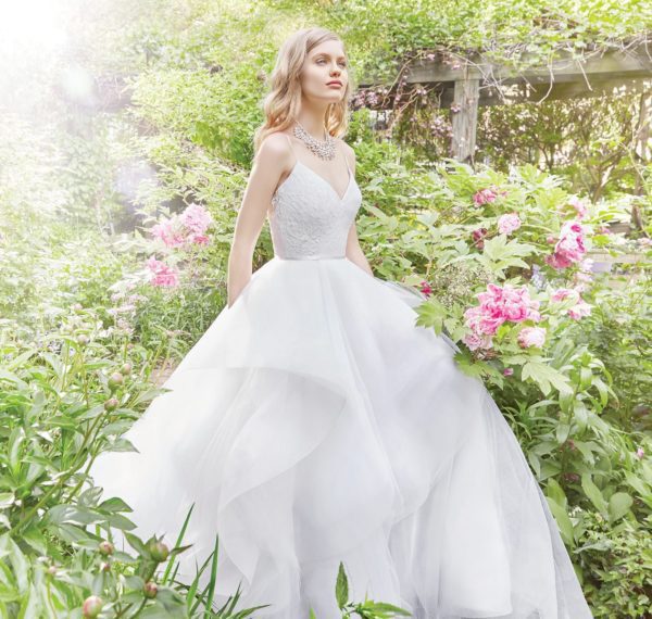 Alvina Valenta 9659 Wedding Dress Sample Sale - Ball gown style dress with gorgeous asymmetrical layers, lace V-neck bodice with spaghetti straps.