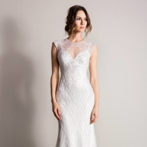 Suzanne Neville Acacia Wedding Dress Sample Sale - Fit and flare, sweetheart neckline sheath style dress with embroidered tulle and covered shoulders.