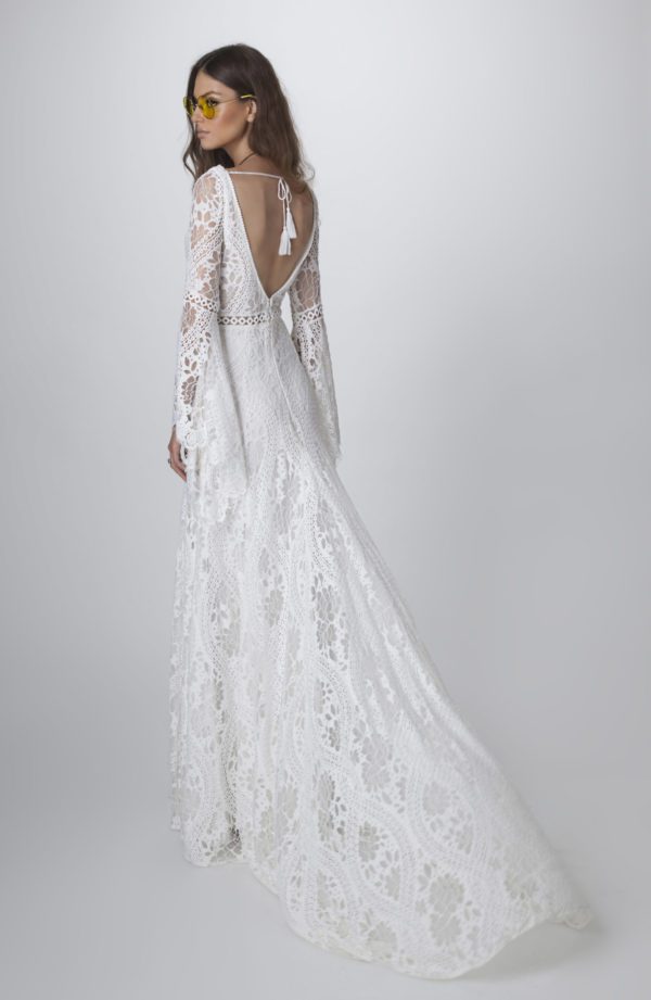 Rish Alma Wedding Dress Sample Sale - Heath silhouette dress with crochet lace slightly beaded with Swarovski gems for a touch of glam.