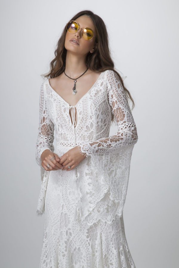 Rish Alma Wedding Dress Sample Sale - Heath silhouette dress with crochet lace slightly beaded with Swarovski gems for a touch of glam.