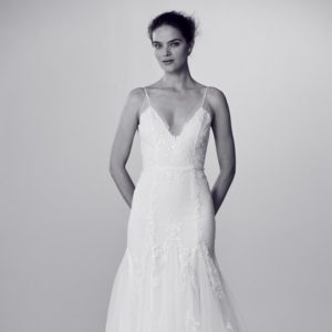 Alyne Vibrant Wedding Dress Sample Sale - Fit and flare with beaded and embroidered lace, a full floor-length silhouette and tulle gores