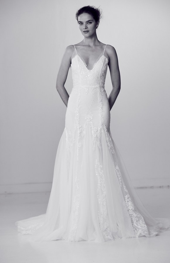 Alyne Vibrant Wedding Dress Sample Sale - Fit and flare with beaded and embroidered lace, a full floor-length silhouette and tulle gores