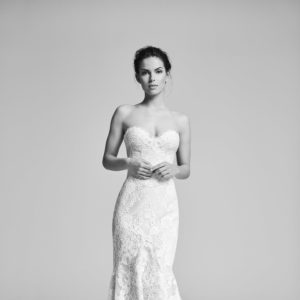 Suzanne Neville Athena Wedding Dress - Stunning strapless sweetheart neckline dress with fit and flare skirt and French lace all over.