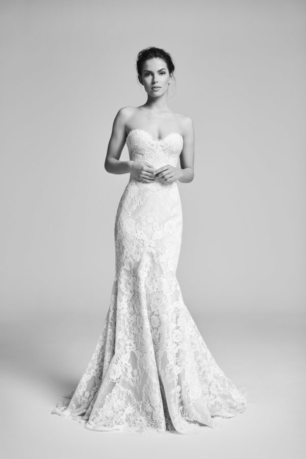 Suzanne Neville Athena Wedding Dress - Stunning strapless sweetheart neckline dress with fit and flare skirt and French lace all over.