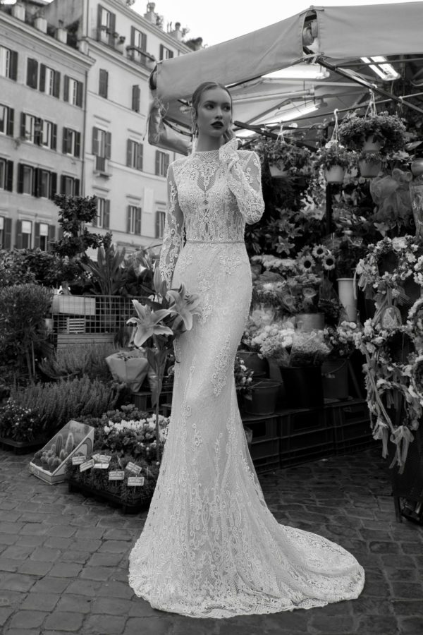 Birenzweig BRC7-33 Wedding Dress - Long sleeved fit and flare dress featuring an intricate lace throughout, low open back and thin beaded belt.