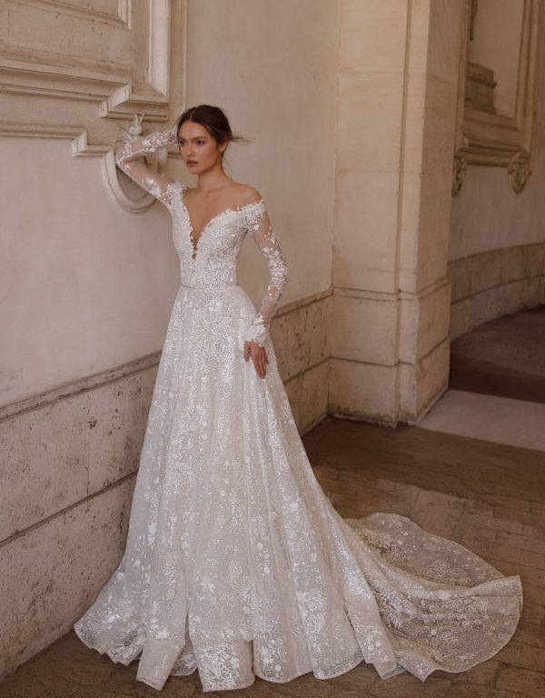 Birenzweig BRC8-01 Wedding Dress - A line off the shoulder dress with all over lace. Illusion and lace embroidered long sleeves complete the look.