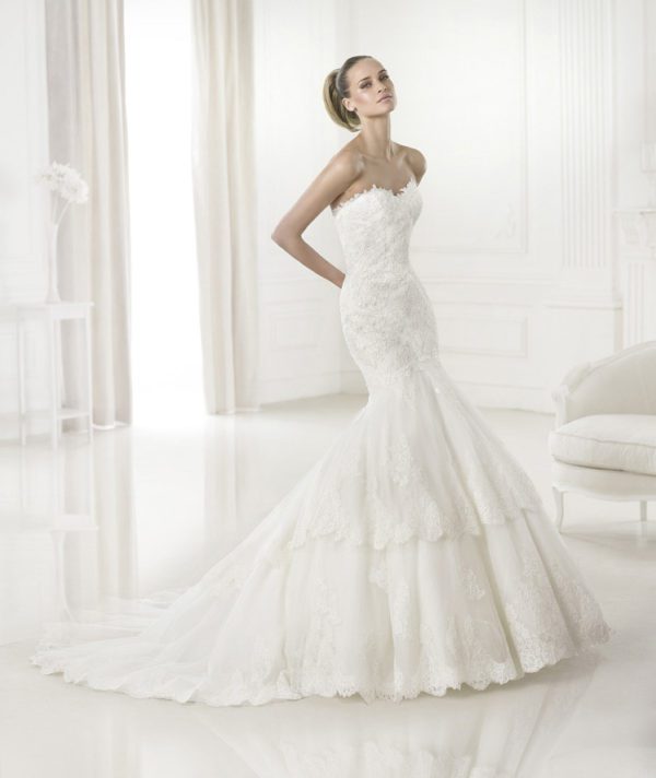 Pronovias Barquilla Wedding Dress Sample Sale - Off the shoulder, tulle mermaid dress with lace appliqués and crystal gemstone embroidery.