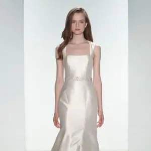 Amsale Aberra Blaine Wedding Dress Sample Sale - Fit and flare style dress in Ivory Mikado, soft square neckline and open keyhole back, natural waist accented with beaded belt, sweep train.