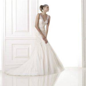 Pronovias Bonadan Wedding Dress Sample Sale - Stunning fit-and-flare dress with embroidered lace, hand beaded Swarovski crystals and V-neckline.