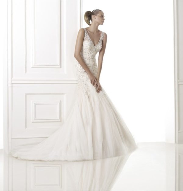 Pronovias Bonadan Wedding Dress Sample Sale - Stunning fit-and-flare dress with embroidered lace, hand beaded Swarovski crystals and V-neckline.