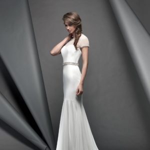 Suzanne Neville Brompton Wedding Dress Sample Sale - Fit and flare dress with beaded Italian matte crepe fabric, sheer sleeves and diamante details on belt.