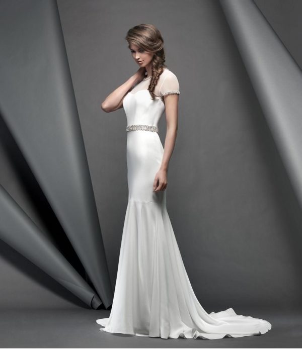 Suzanne Neville Brompton Wedding Dress Sample Sale - Fit and flare dress with beaded Italian matte crepe fabric, sheer sleeves and diamante details on belt.