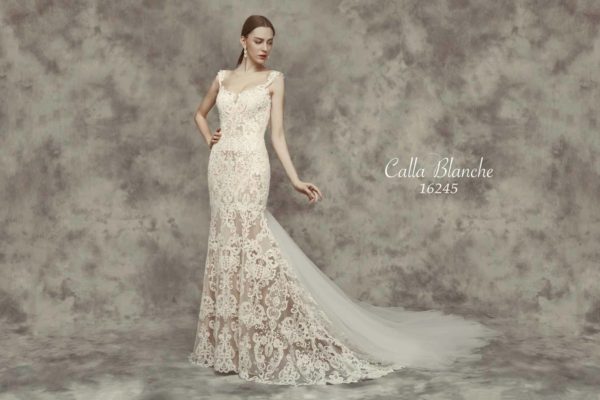 Calle Blanche Chloe 16245 Wedding Dress Sample Sale - Fit and flare style dress with a beautiful nude lining beaded lace, low back & elegant tulle train.