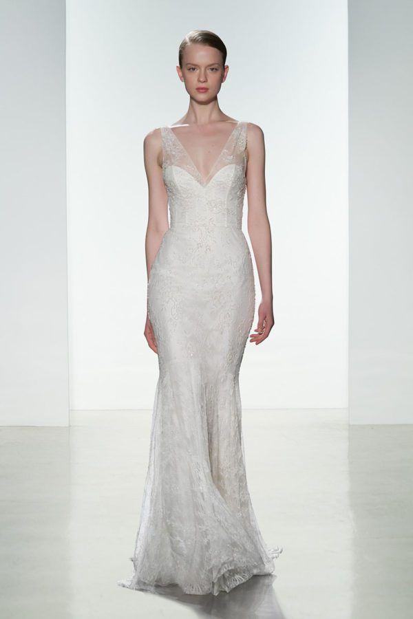 Christos Mila Wedding Dress - Illusion sleeveless V neck beaded Chantilly lace gown with white crystal shimmer and a low back.