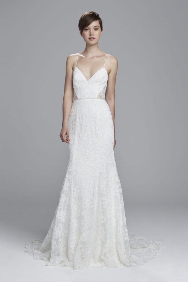Christos Mindy Wedding Dress - Corded lace fit to flare wedding gown with sheer panel lace bodice, thin straps, and buttons.