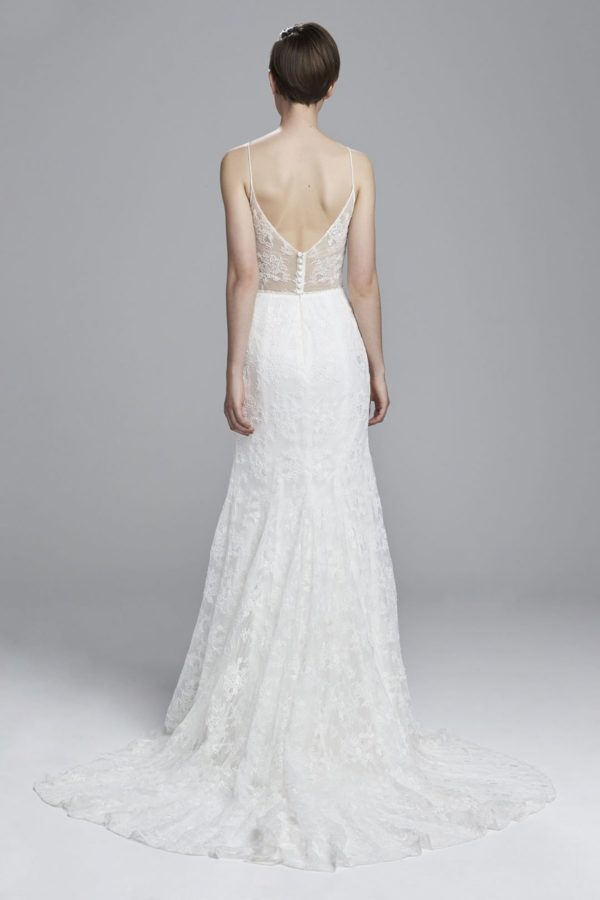 Christos Mindy Wedding Dress - Corded lace fit to flare wedding gown with sheer panel lace bodice, thin straps, and buttons.