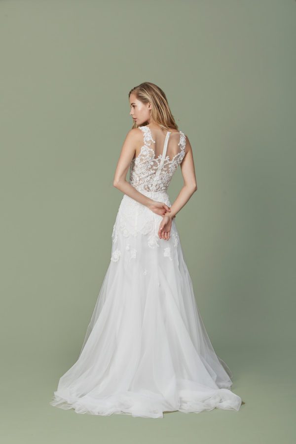 Christos Paisley Wedding Dress - Fit and flare tulle V neckline bridal gown with floral crystal detailing and a sheer back.