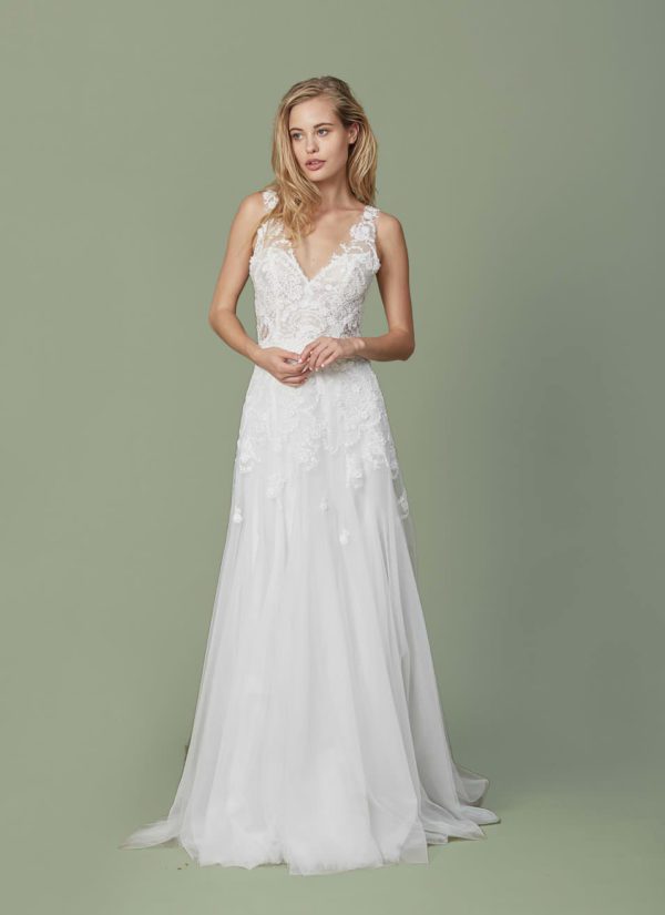 Christos Paisley Wedding Dress - Fit and flare tulle V neckline bridal gown with floral crystal detailing and a sheer back.
