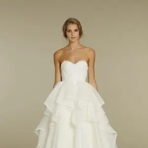 Hayley Paige Coco 6205 Wedding Dress Sample Sale - A line dress with a stunning sweetheart neckline, lace draped bodice and a ruffle layered skirt.
