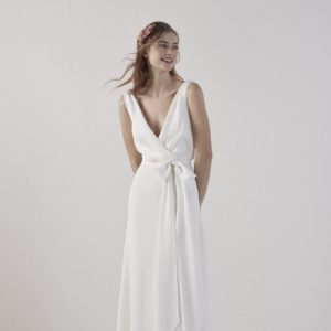 Pronovias Efia Wedding Dress Sample Sale - Crepe blouson dress creates an elegant and sophisticated silhouette with crossover V-neckline and side bow detail