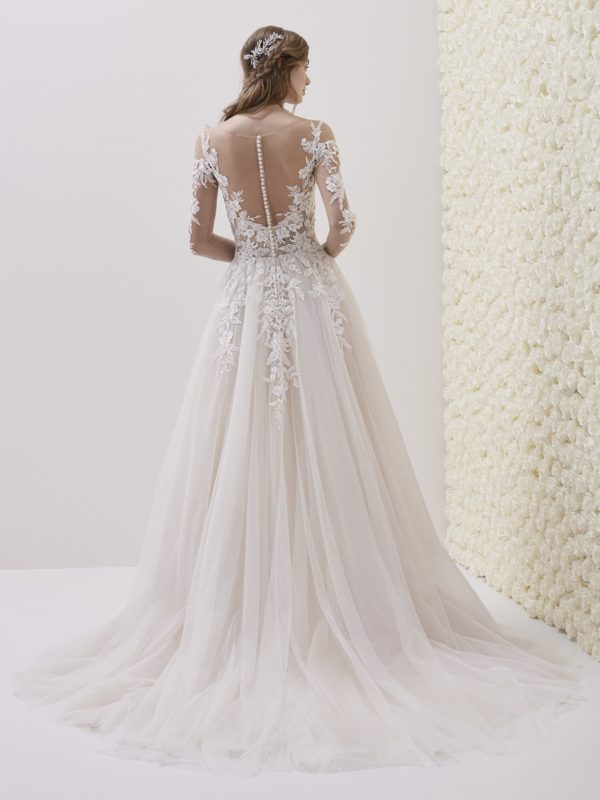 Pronovias Emelina Wedding Dress Sample Sale - Low waist A-Line skirt made with overlapping layers of tulle, high neckline, long sleeves and bateau neck.