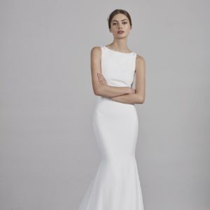 Pronovias Enol Wedding Dress Sample Sale - Crepe mermaid skirt with natural waist, bateau neckline, an illusion back in crystal tulle and floral beading.