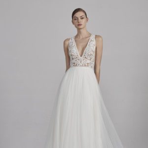 Pronovias Espiga Wedding Dress - A Line two-piece effect dress with flowing skirt, fitted bodice, v-neckline, open back and floral guipure appliqués.