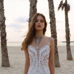 Rish Bridal Gaia Wedding Dress Sample Sale - Fit and flare boho dress with stunning illusion embroidered Tulle, nude lining, thin straps and a V-neckline.