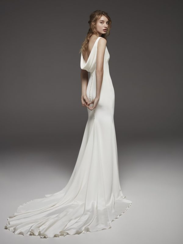 Pronovias Hispalis Wedding Dress - Sleek crepe mermaid dress with V-neckline and stunning draped cowl back and covered buttons.