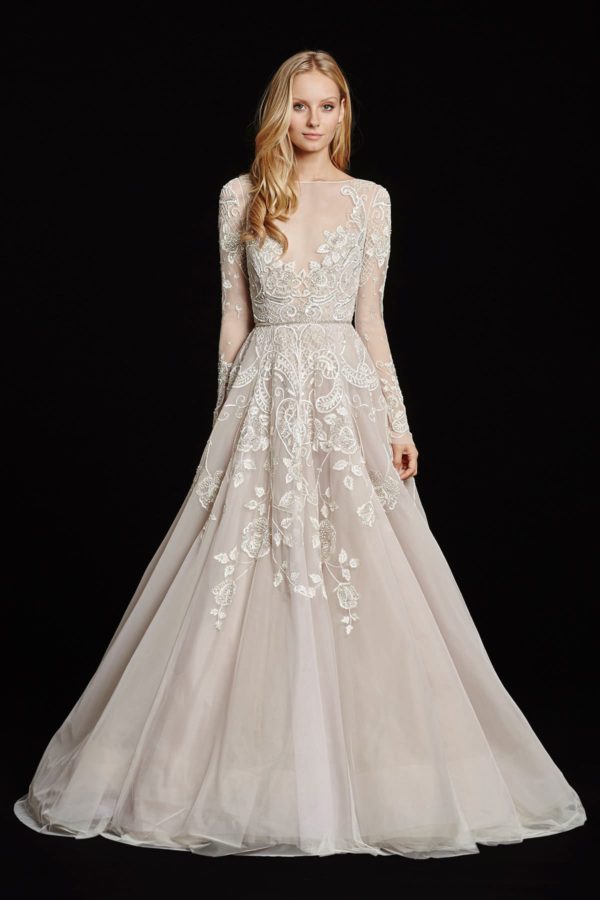 Hayley Paige Hayley 6600 Wedding Dress Sample Sale - A line dress with stunning tulle skirt and illusion bateau neckline and V-neck at front,full intricate back, floral embroidery and long sleeves. Tulle skirt with cathedral train.