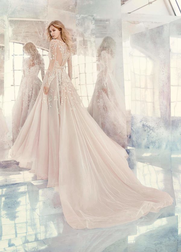 Hayley Paige Hayley 6600 Wedding Dress Sample Sale - A line dress with stunning tulle skirt and illusion bateau neckline and V-neck at front,full intricate back, floral embroidery and long sleeves. Tulle skirt with cathedral train.